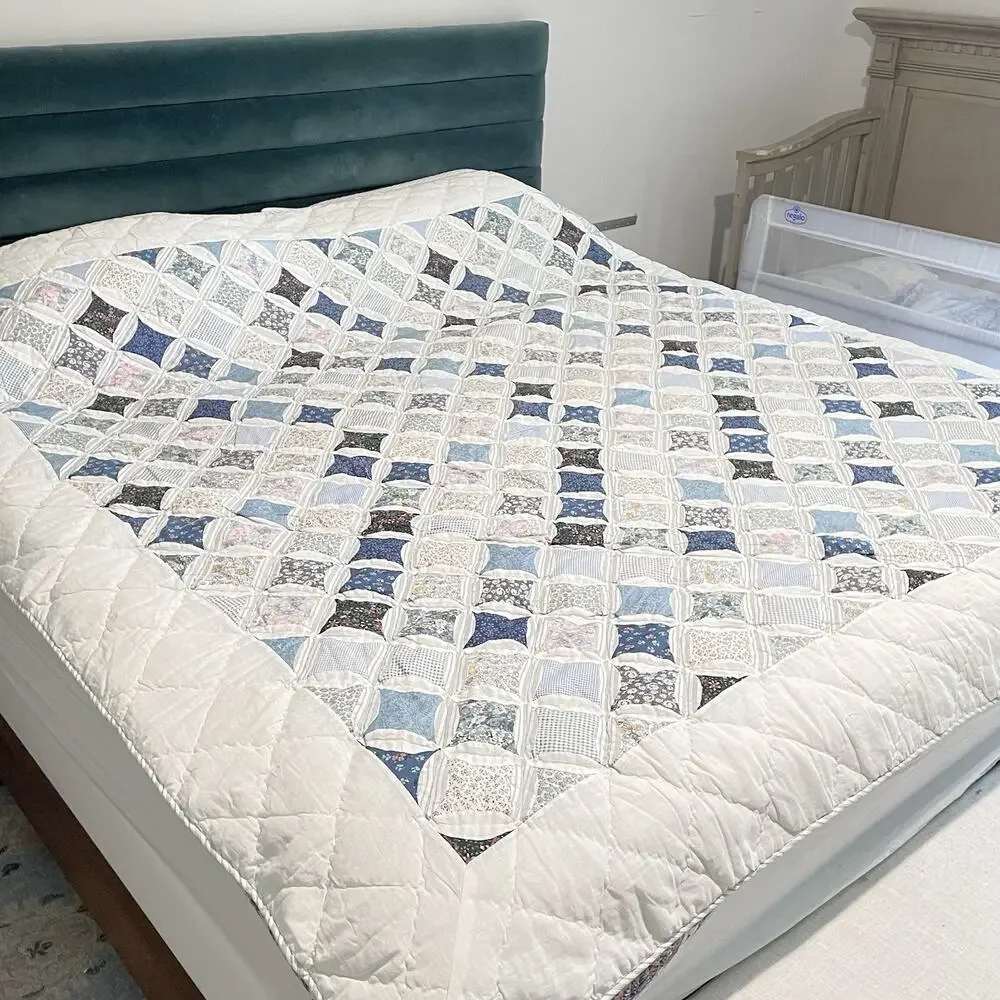 Vintage 1994 Cathedral Window Quilt White Blue Patchwork Floral 86 X 86